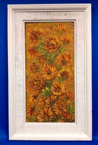 DORIS ADAMS Mid Cent Pallet Knife oil Yellow Flowers Tim Burton's HS Teacher: Highly textured stunning 3D effect OIL PAINTING done with pallet knife. Doris Adams, known for clown paintings and being a young Tim Burton's art teacher at high school, is a listed artist with a very