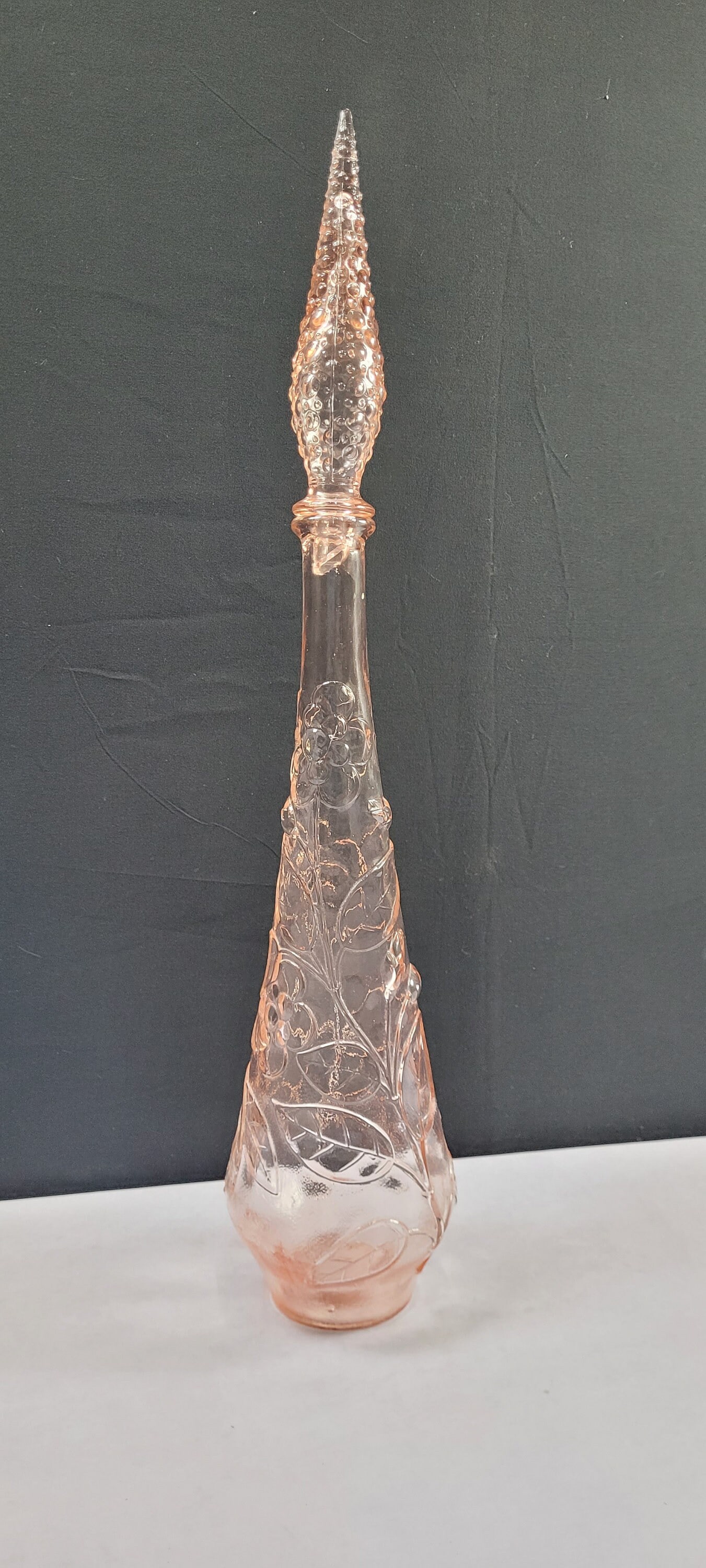 Mid Century Modern Pink Flower Design Genie Bottle Vintage Art Glass Decanters with Topper (1 of 5)