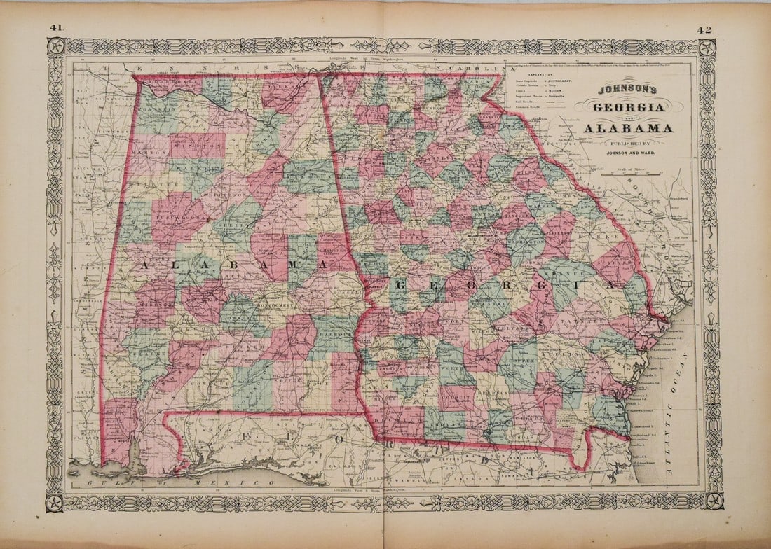 1863 Johnson's Map of Georgia and Alabama -- Johnson's Georgia and Alabama: Title: 1863 Johnson's Map of Georgia and Alabama -- Johnson's Georgia and Alabama Cartographer: Johnson and Ward Year / Place: 1863, New York Map Dimension (in.): 15.4 X 22 in. This is a very nice dou