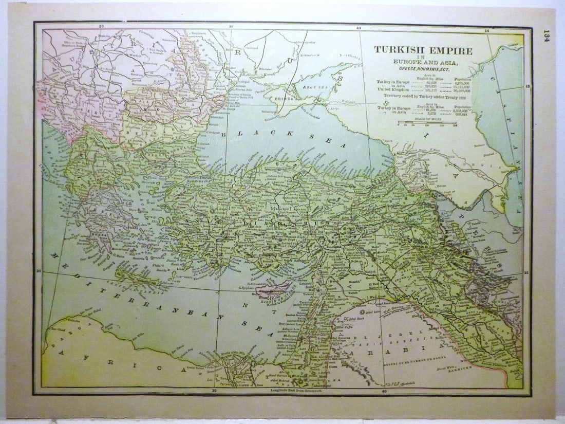 Turkish Empire 1897: Title/Content of Map: Turkish Empire 1897 Date Printed: 1897 Material/Medium: paper Size: approx. 11"x13" Crams Universal Atlas- Chicago Reserve: $35.00 Shipping: Domestic: Flat-rate of $15.00 to any