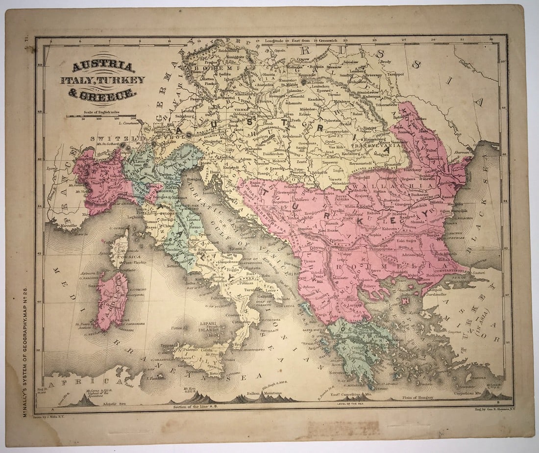 Austria, Italy, Turkey & Greece.: Publication Date: 1860 Title: Austria, Italy, Turkey & Greece. Cartographer: MCNALLY, FRANCIS/J. WELLS Publisher: A.S. Barnes & Co. Height: 8.5 Width: 10.75 Centers on the Balkans. Polar projection. F