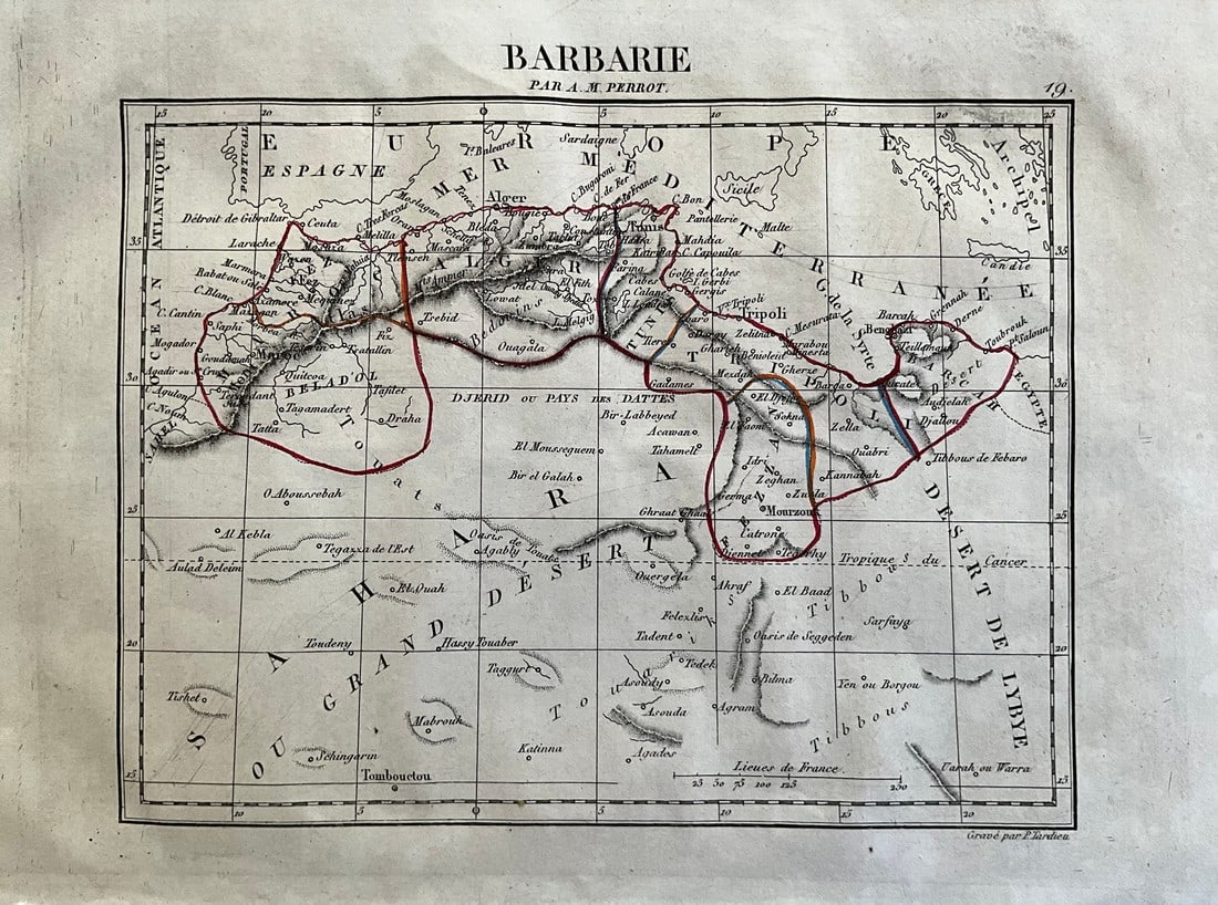 1837. Map of Barbary Coast. Northwest Africa. Morocco, Algeria, Libya and Tunisia. By A. Perrot (1 of 1)
