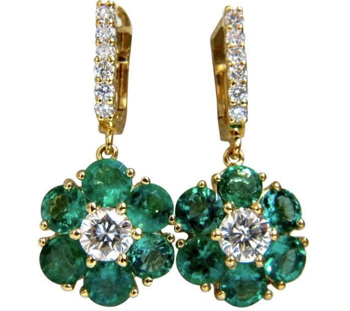 5.38ct Flora Cluster Natural emerald diamond dangle earrings 14kt gold Ref 12334 (1 of 4)