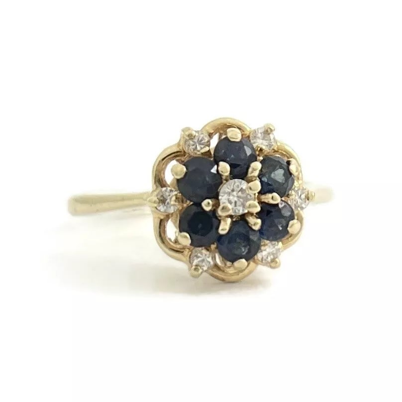 Vintage Blue Sapphire Diamond Cluster Cocktail Ring 14K Yellow Gold, 3.35 Grams (1 of 8)