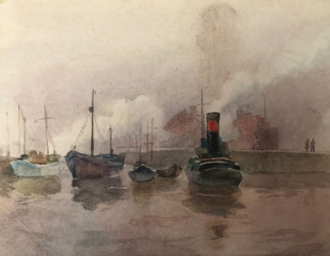 Watercolor painting Port in the city Unknown artist (1 of 11)