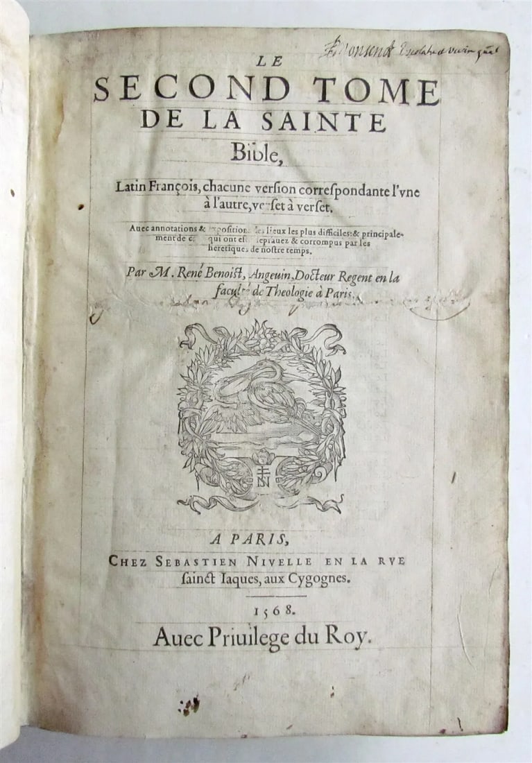 1568 BIBLE in FRENCH & LATIN antique BIBLIA GALLICA by Rene Benoist 16th CENTURY: Le Second Tome de la Sainte Bible, latin francois chacune version... par Rene Benoist (vol. 2 of 2). 2 parts in 1 vol. Paris, Nivelle ; 1568 Size 7 by 10" Leather bound, spine repaired. Parallel text