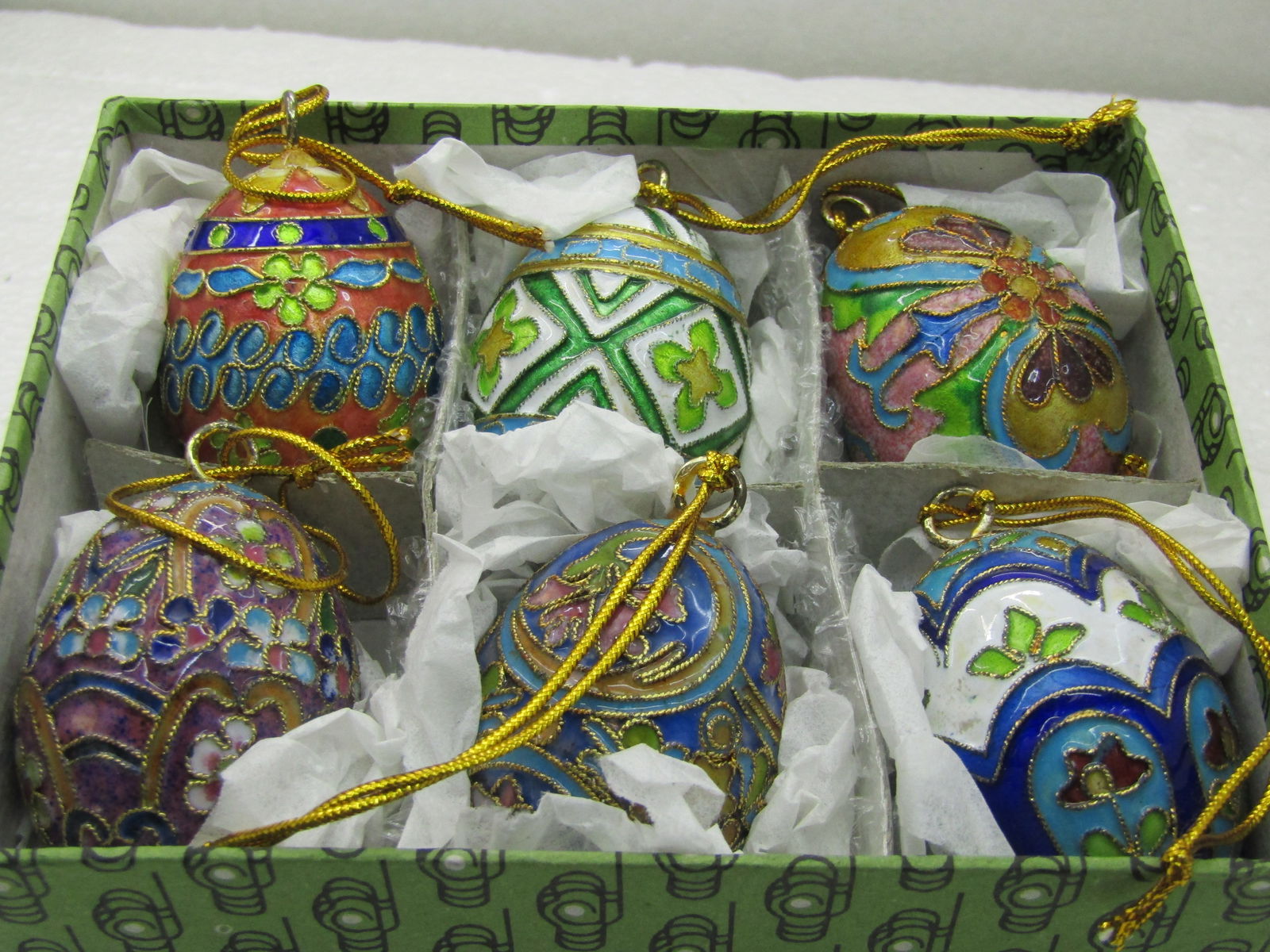 Cloisonne Eggs Set of Six, Boxed, 2", Floral, cross and other designs (1 of 7)