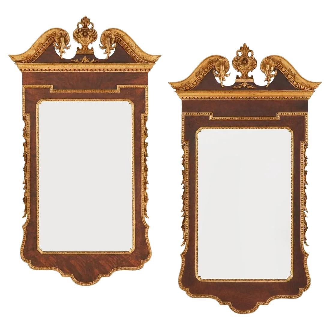 Pair of George II Style Pier / Console Mirrors, Burr Walnut and Parcel Gilt: About the Item Pair of George II Style Pier / Console Mirrors, Burr Walnut and Parcel Gilt Veneered with burr walnut and trimmed with giltwood and set with a swan's-neck pediment with a central cartou