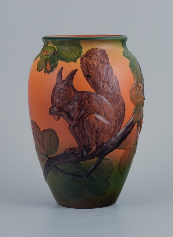 Ipsens, Denmark, vase with squirrel, glaze in orange and green tones. (1 of 4)