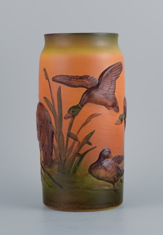 Ipsens, Denmark, rare vase with flying ducks. Glaze in orange and green tones. (1 of 6)