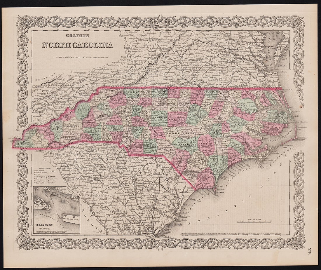 Great vintage RR map of N. Carolina from scarce Colton atlas (1 of 4)