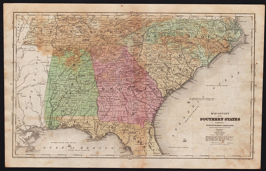 1844 Map of the Southern States by Jesse Olney: “Map of Part of the Southern States to Illustrate Olney’s School Geography” published 1844 by Jesse Olney. Shows early railway routes. Six states shown. Archival tape repair to upper