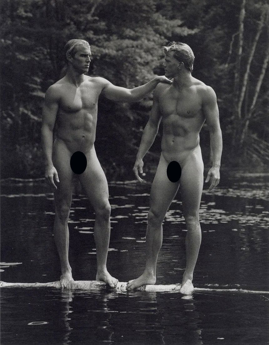 BRUCE WEBER - Jason and Christian, Bear Pond, 1989: Artist: Bruce Weber Title: Jason and Christian, Bear Pond, Adirondack Park, 1989 Medium: Sheet Fed Gravure, 1990, USA Dimensions: 7.35x9.4" Description: Heat Wax Mounted on 11x14" Conservation Board A