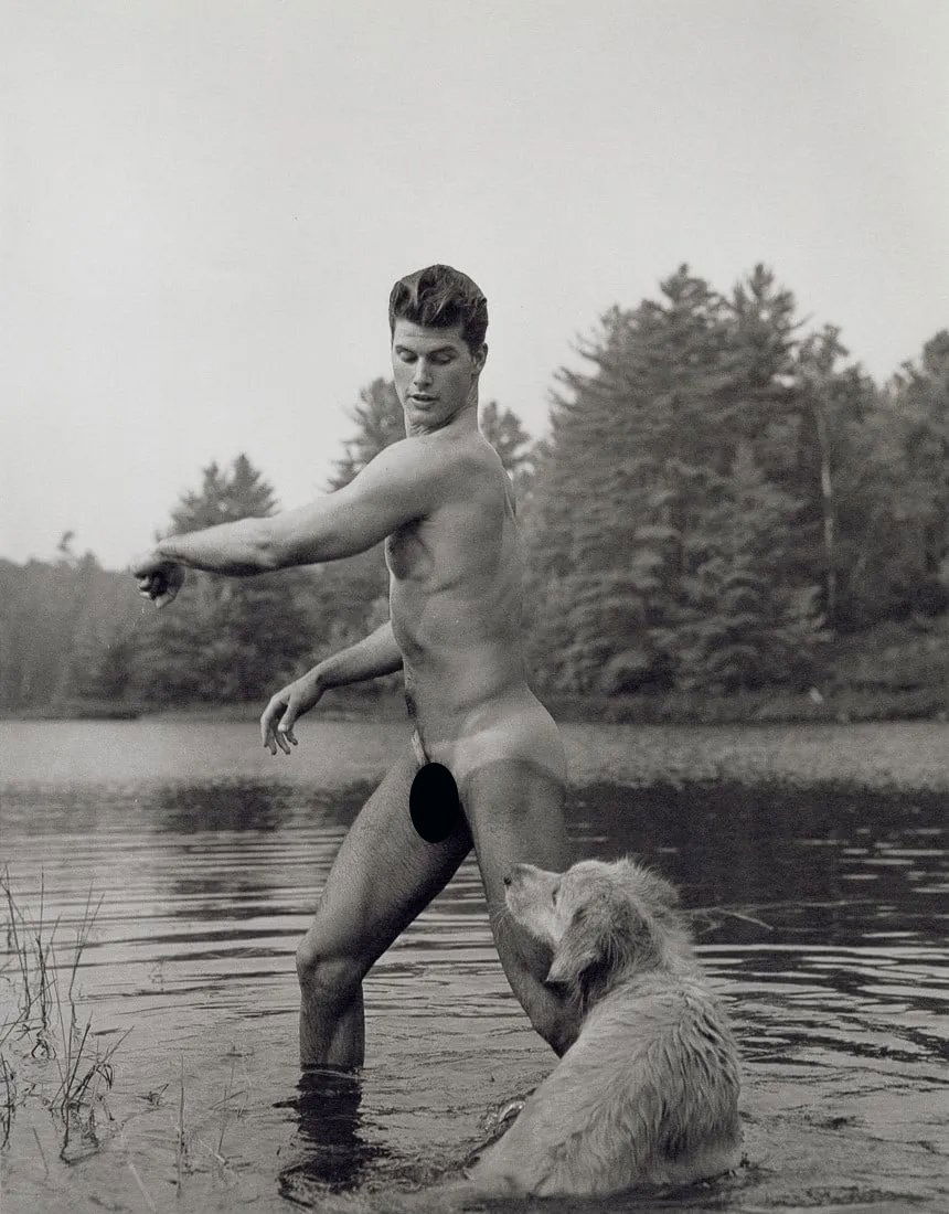 BRUCE WEBER - Rob and Little Bear, Pond, 1989: Artist: Bruce Weber Title: Rob and Little Bear, Pond, Adirondack Park, 1989 Medium: Sheet Fed Gravure, 1990, USA Dimensions: 7.35x9.35" Description: Heat Wax Mounted on 11x14" Conservation Board Artis