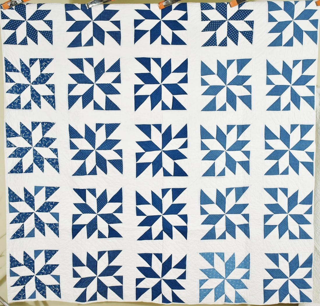 1880's Blue & White LeMoyne Star Quilt (1 of 8)