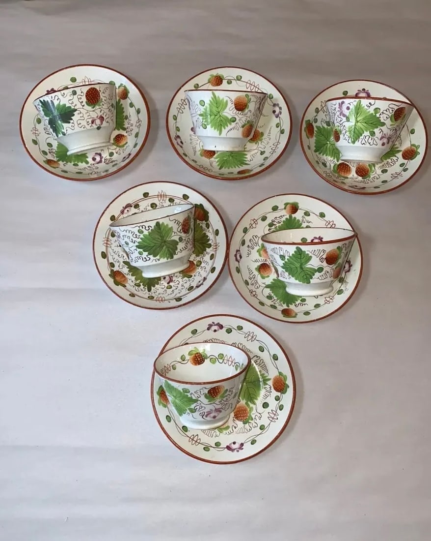 Staffordshire Pearlware Strawberry Pattern Set Of 6 Cups And Saucers (1 of 6)