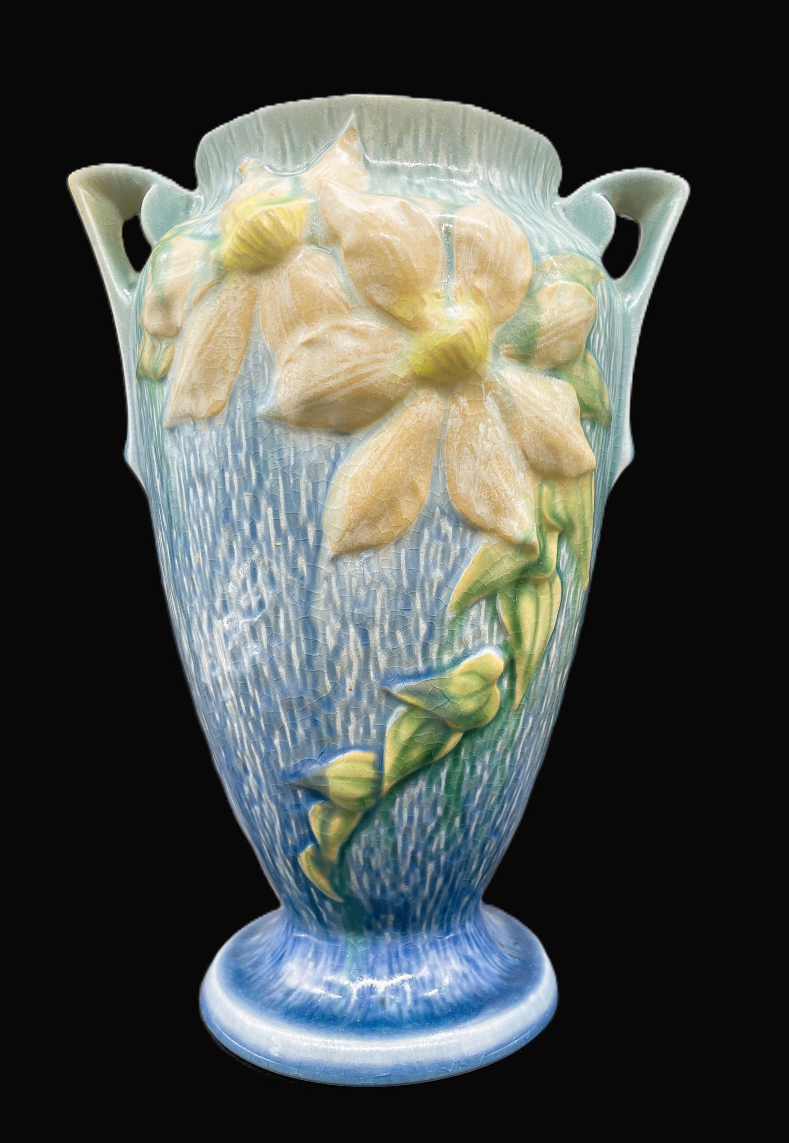 VINTAGE ROSEVILLE POTTERY 1940'S BLUE/CLEMATIS VASE #111 DOUBLE HANDLES MADE USA (1 of 7)