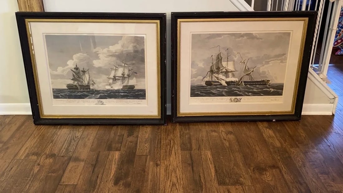 Pair Of Large Folio Engravings War Of 1812 By Birch Constitution United States: Nice pair of large folio War of 1812 Engravings. Engraved by . Tiebout and painted by Thomas Birch. We know that they did restrike these particular prints but we are unsure if these are. They certainl