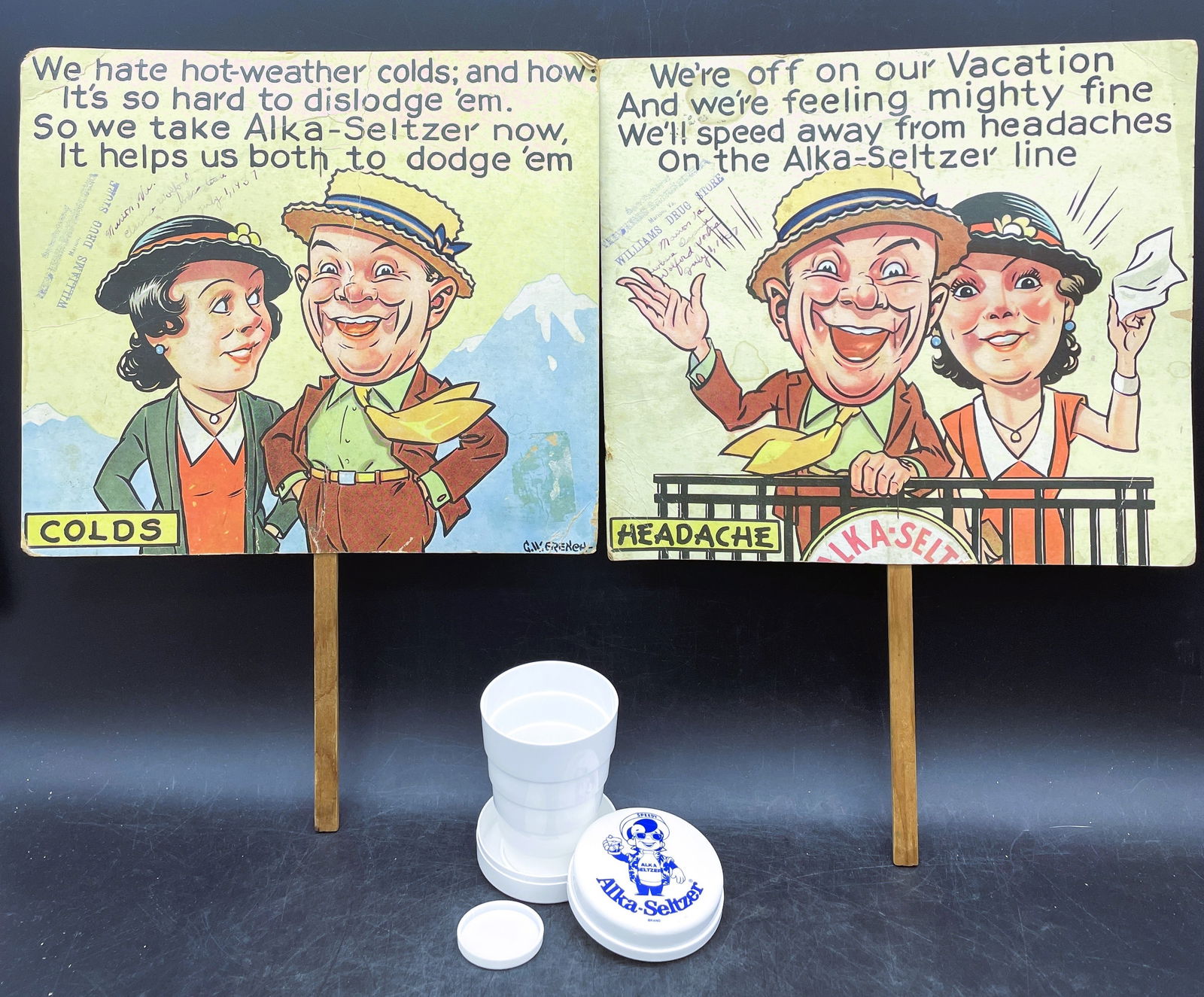 TWO 1930'S ALKA SELTZER CARDBOARD ADVERTISING FANS-GILL FRENCH and Akla Seltzer expandable Cup (1 of 8)