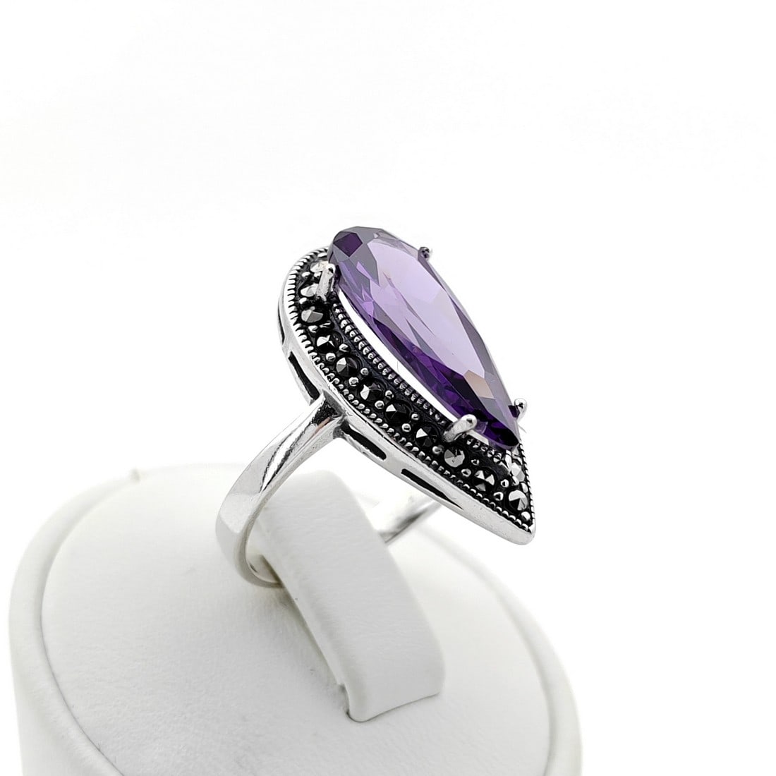925 Silver Ladies Ring Ornated with Purple Zircon and Marcasite (1 of 8)