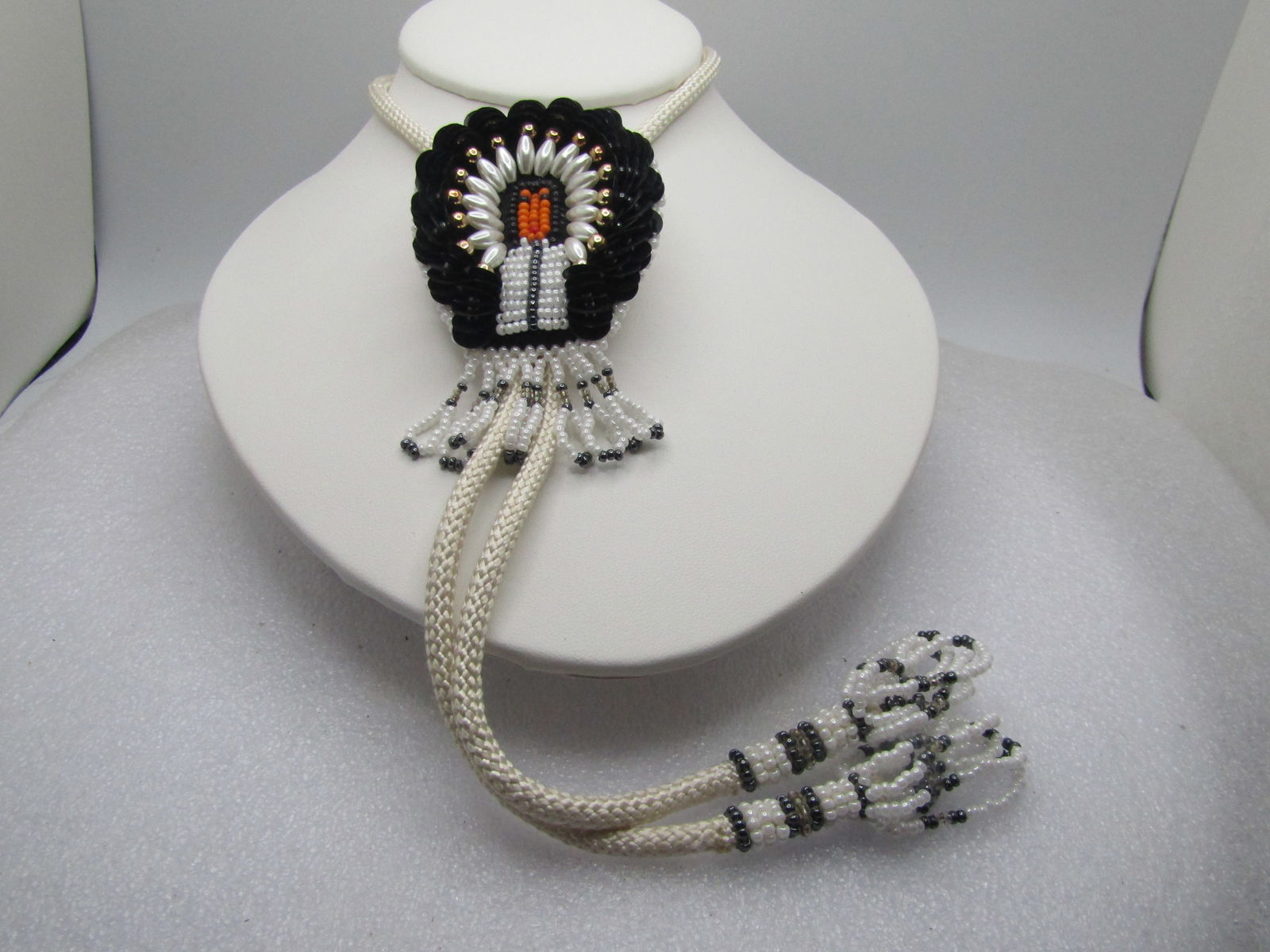 Vintage Southwestern Seed Beaded Chief Bolo Tie, mostly Black/White, 1980's (1 of 7)