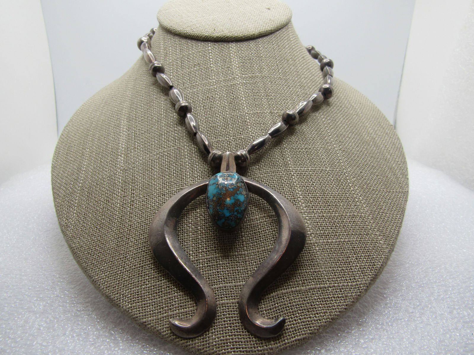 Vintage Sterling Southwestern Turquoise Naja Necklace, Bench-made Beads, 27", 1960's-1970's. (1 of 6)