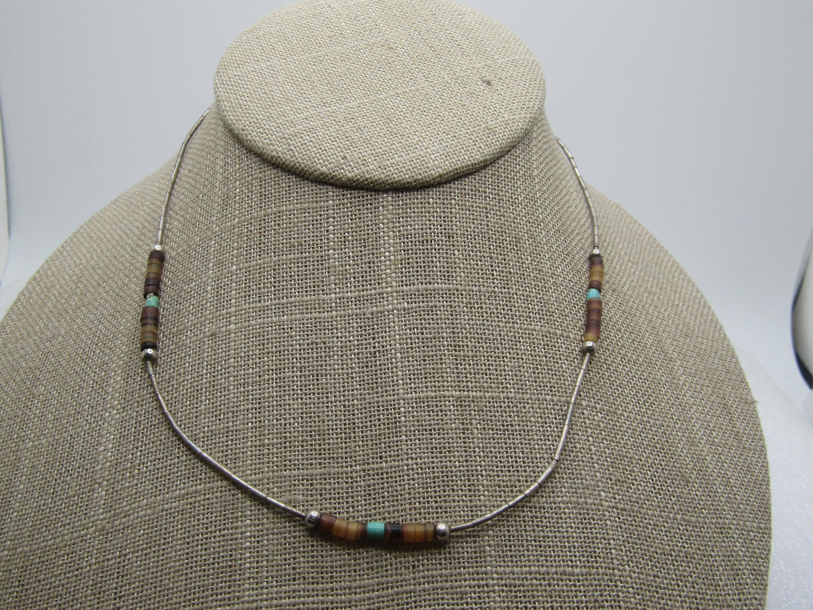Vintage Silver Turquoise & Shell Heishi Beaded Necklace, 15.5", 1960's-1970's (1 of 6)