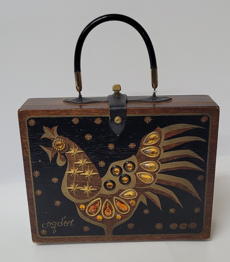 Mid Century Modern Wood Signed Chicken Purse Designer Bag Cigar Box Case Folk Art Enid Collins of (1 of 10)