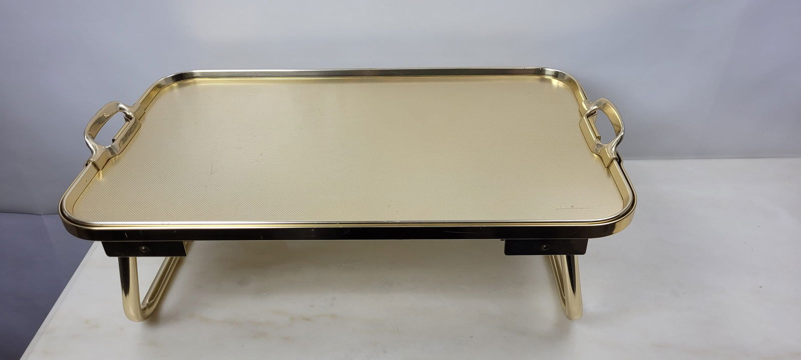 Vintage Gold Aluminum English Kaymer Regduk Design Serving Tray Bed Server Removable Folding Legs (1 of 7)