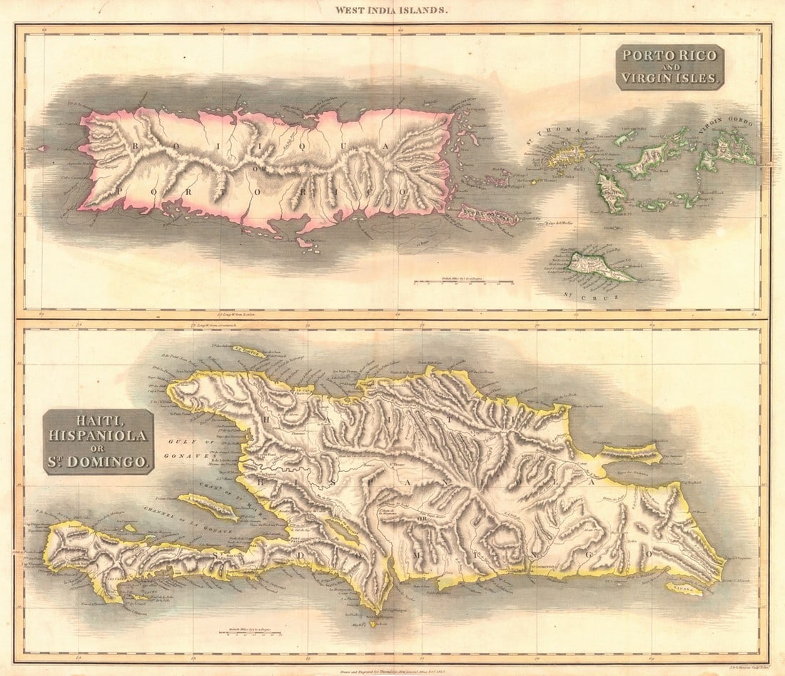 Porto Rico and Virgin Islands. Haiti, Hispaniola Or St. Domingo: Publication Date: 1817 Title: Porto Rico and Virgin Islands. Haiti, Hispaniola Or St. Domingo Cartographer: THOMSON, JOHN & CO. Publisher: JOHN THOMSON & CO. Height: 20.2 Width: 23.8 Two maps on same