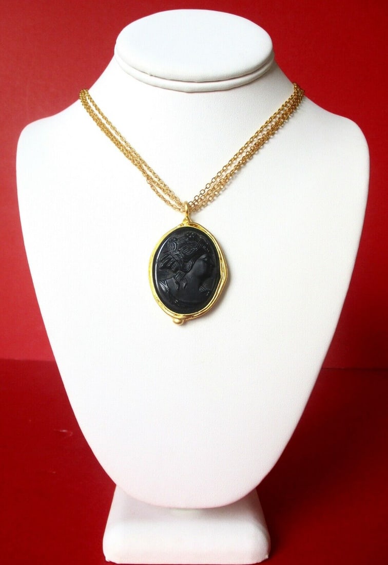 Vintage Black Cameo Necklace With 22K Gold Plated Frame & Chain (1 of 6)