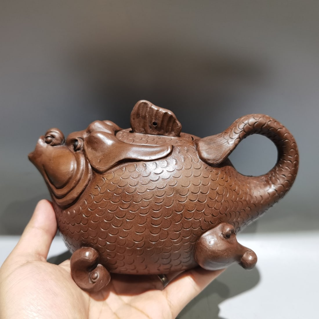 Chinese Yixing Zisha Clay Dragon Fish Teapot w Artist Signed (1 of 9)