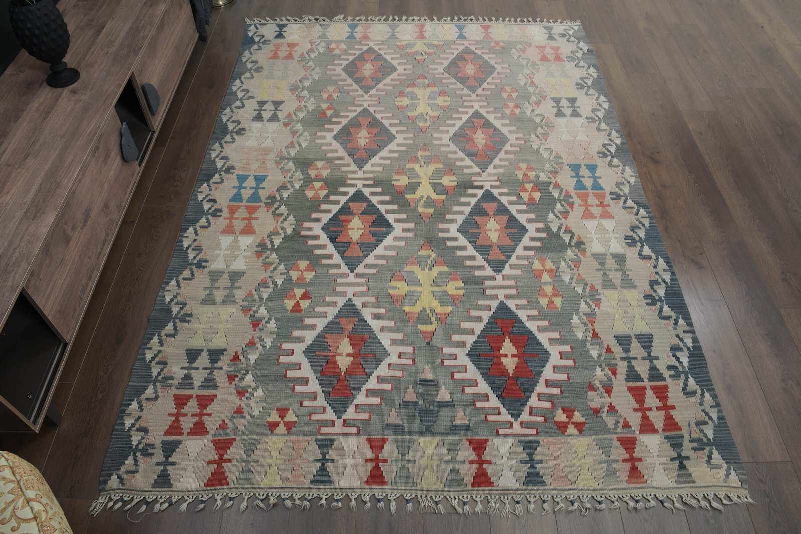 6'3x8'9 ft, COLORFUL KILIM RUG,: Title: 6'3x8'9 ft, COLORFUL KILIM RUG,Oridign: Turkey Date/Period: 1960 - 1970 Materials: Wool and Cotton Size: Width: 6.3 feet Length: 8.9 feet Provenance: This Turkish one-of-a-kind Vintage Flatweav