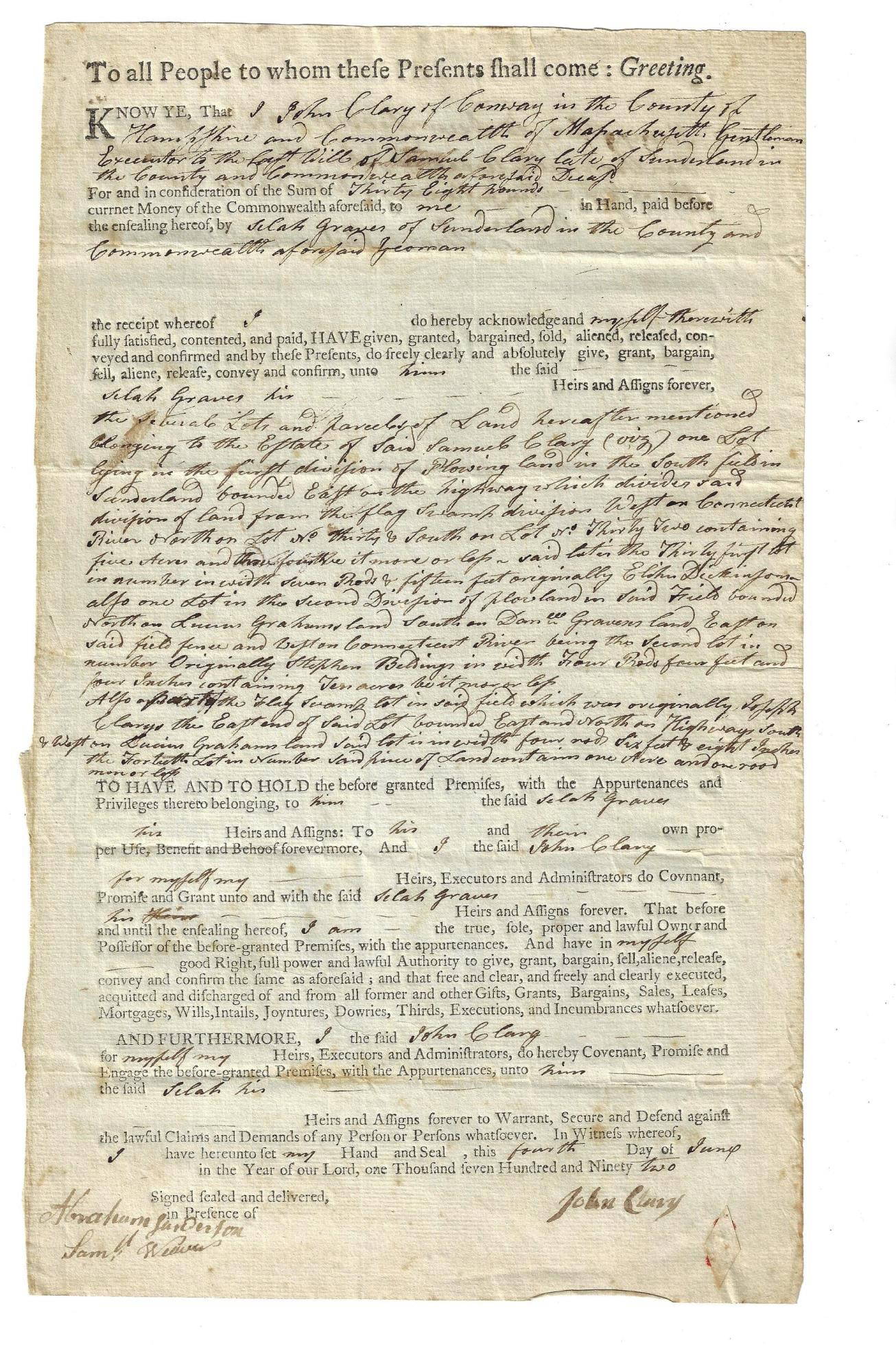 1792 Massachusetts Deed Land In Sunderland Auction