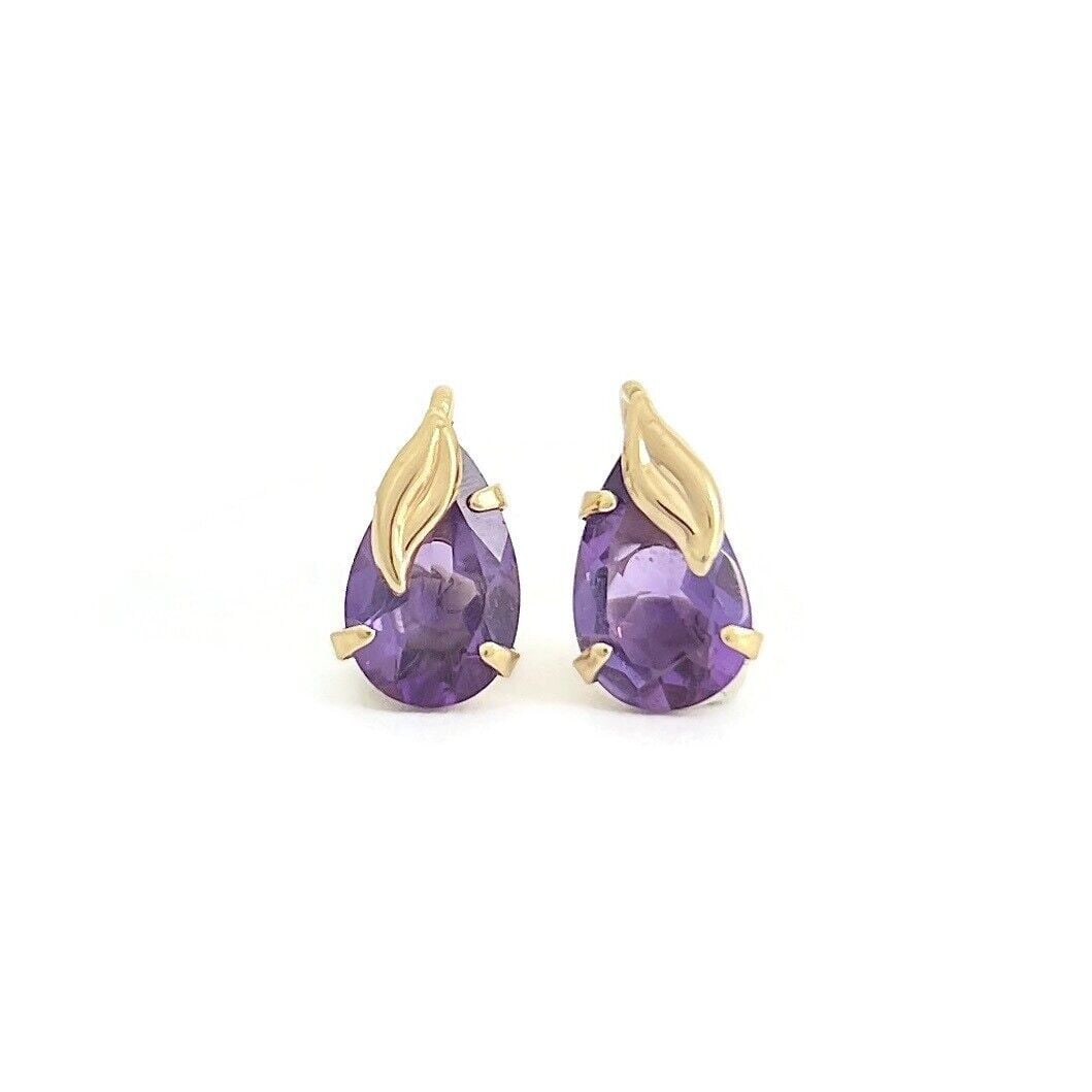 Estate Purple Amethyst Teardrop Gemstone Stud Earrings 10K Yellow Gold, .55 Gram (1 of 5)