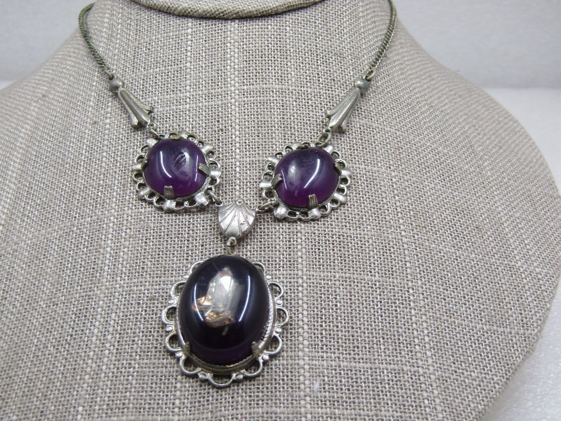 Vintage Purple Stone Praying Hands Lavalier Necklace, 17.5", Silver Tone (1 of 7)
