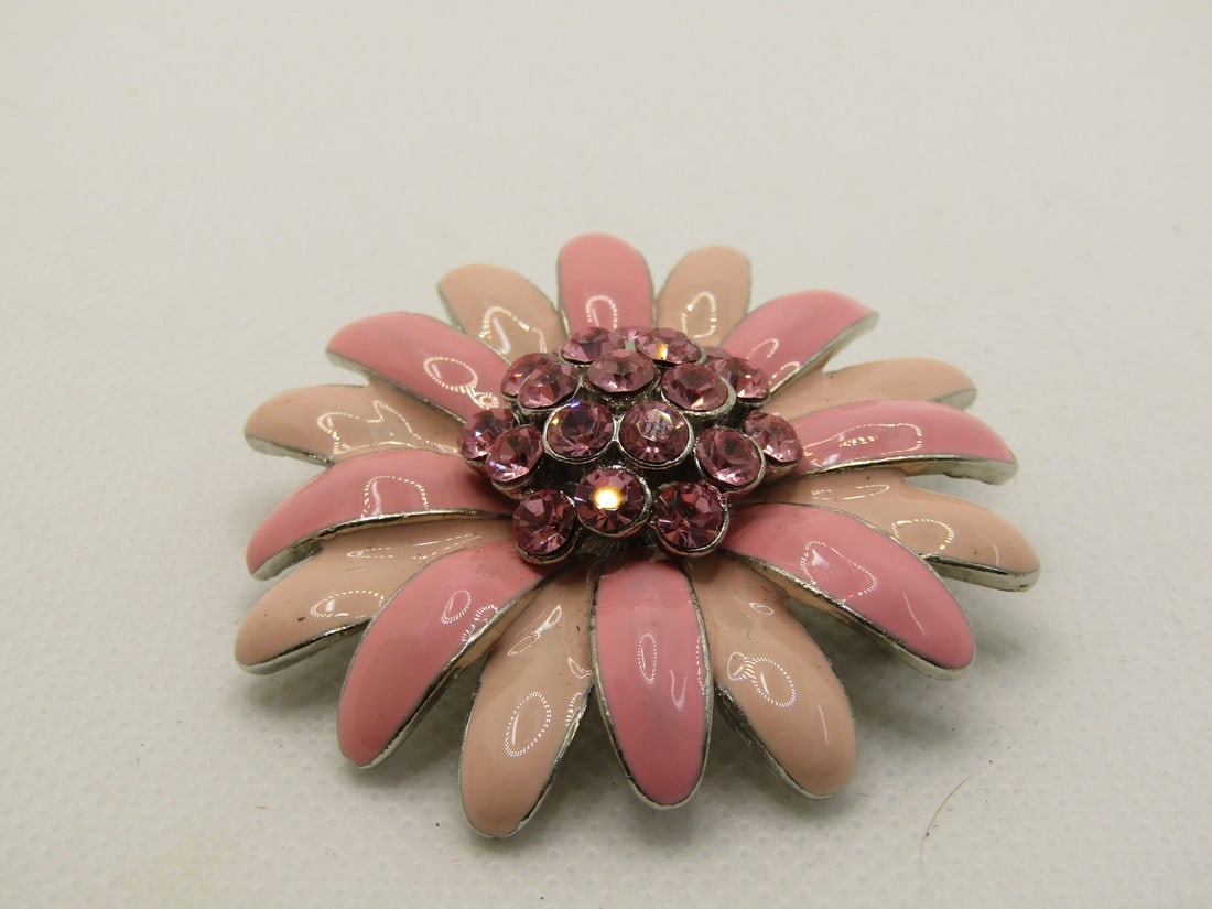 Vintage Pink Enameled Rhinestone Daisy Brooch, 2" (1 of 6)