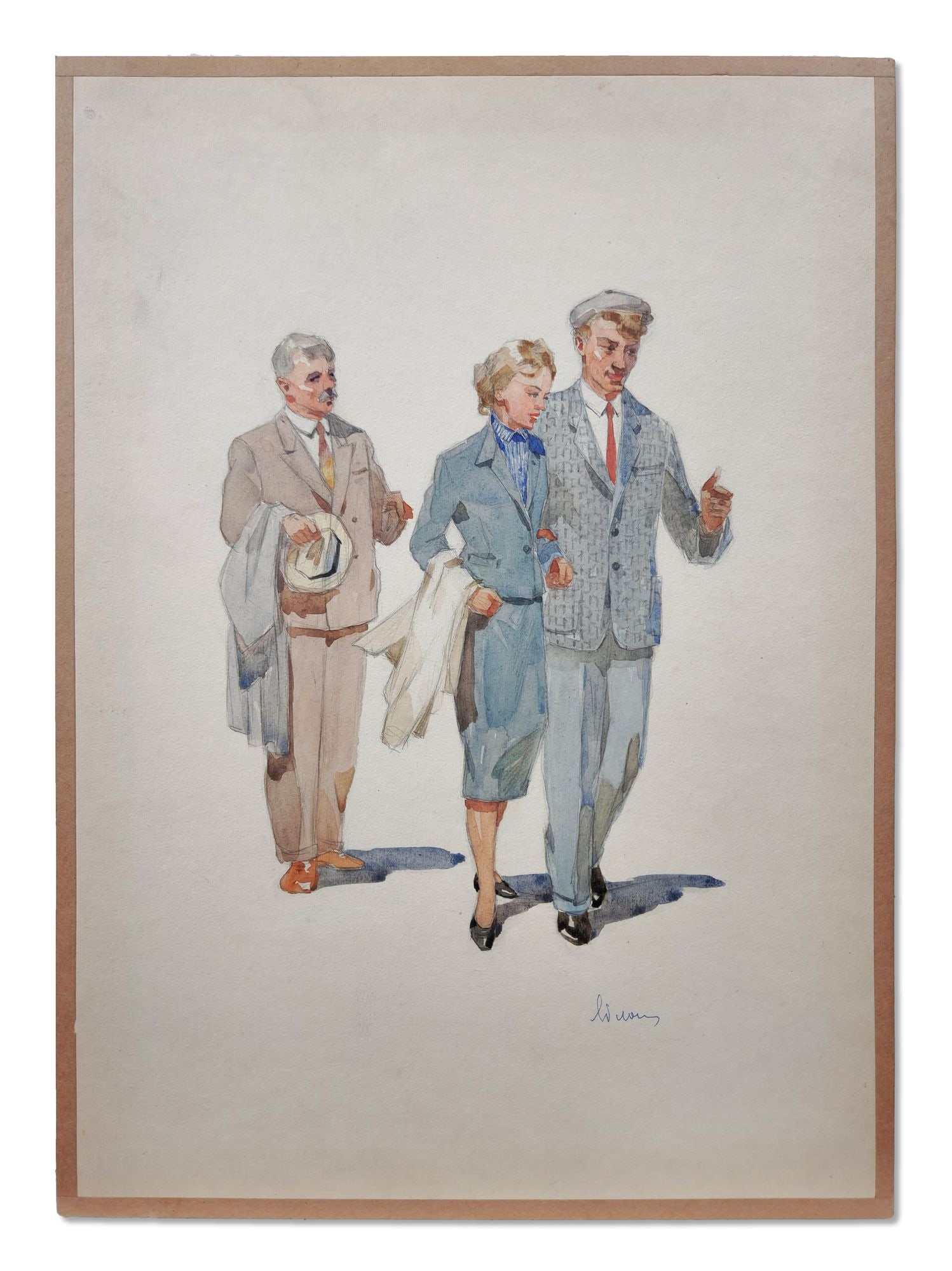 Yablonska Olena (Ukrainian artist), "On the way to the theater", watercolor on cardboard: ARTIST: Yablonska Olena Nylivna (1918 – 2009), Kyiv artist TITLE: "On the way to the theater" SIZE: 41 x 29 cm, (16 1/4 x 11 2/4 in.) MEDIUM: watercolor on cardboard YEAR OF CREATION: not dated 