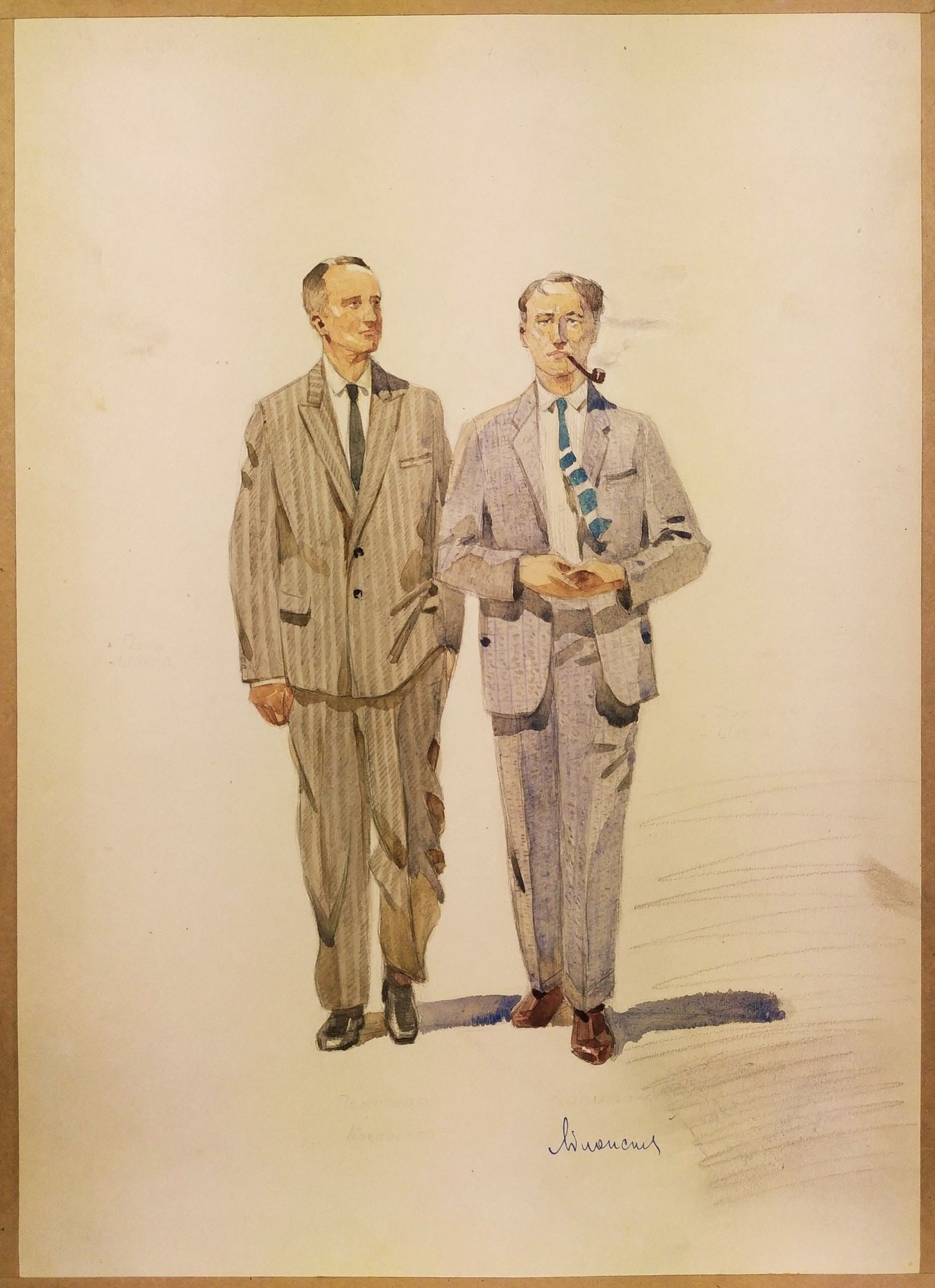 Yablonska Olena (Ukrainian artist), "Investigators", watercolor on cardboard: ARTIST: Yablonska Olena Nylivna (1918 – 2009), Kyiv artist TITLE: "Investigators" SIZE: 41 x 30 cm, (16 1/4 x 11 3/4 in.) MEDIUM: watercolor on cardboard YEAR OF CREATION: not dated CONDITION: G