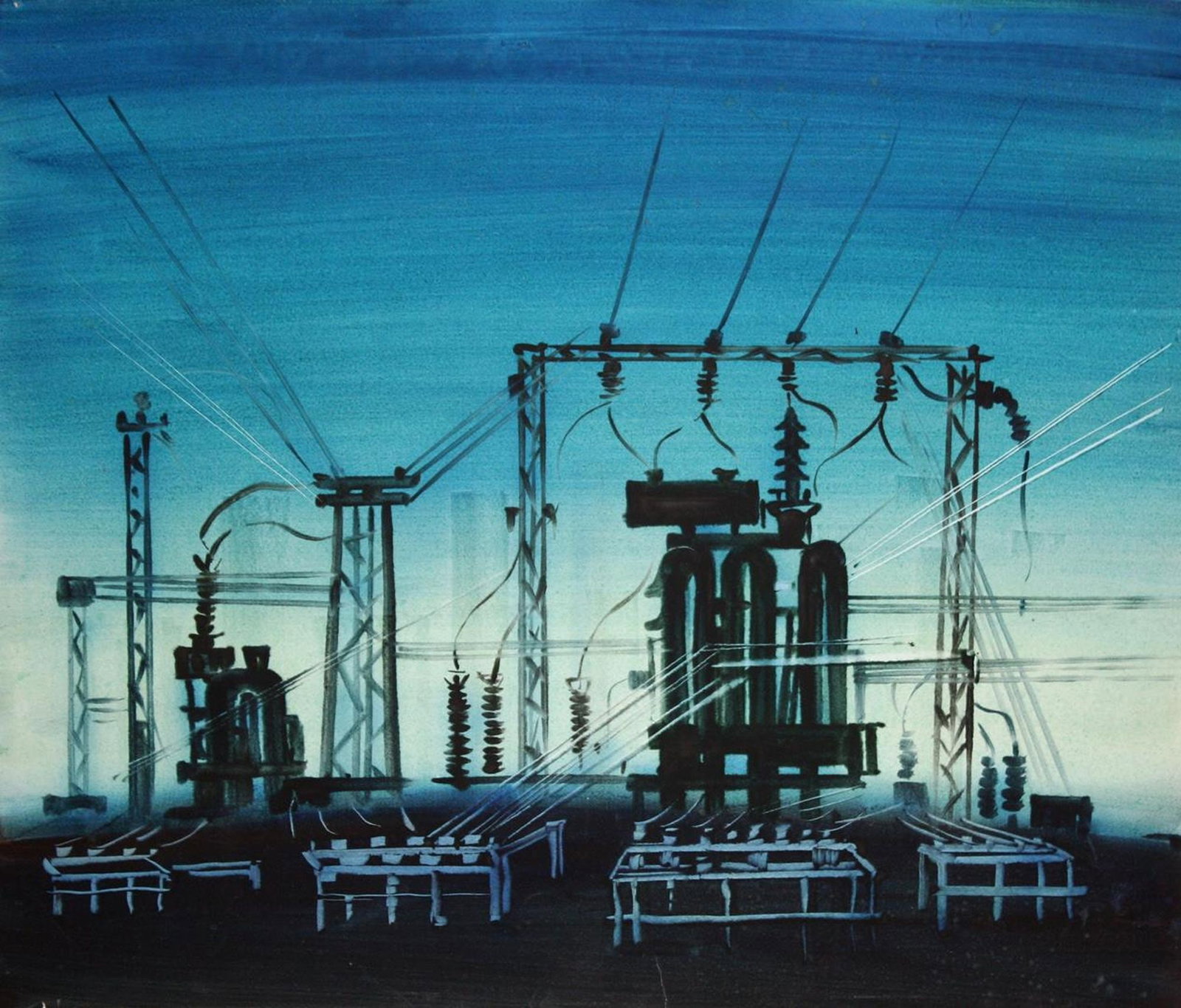 Kirilkov Valentin (Ukrainian artist), "Power substation", watercolor on paper: ARTIST: Kirilkov Valentin Feodosievich (1936), Volyn artist TITLE: "Power substation" SIZE: 59 x 70 cm, (23 1/4 x 27 2/4 in.) MEDIUM: watercolor on paper YEAR OF CREATION: not dated CONDITION: Good vi