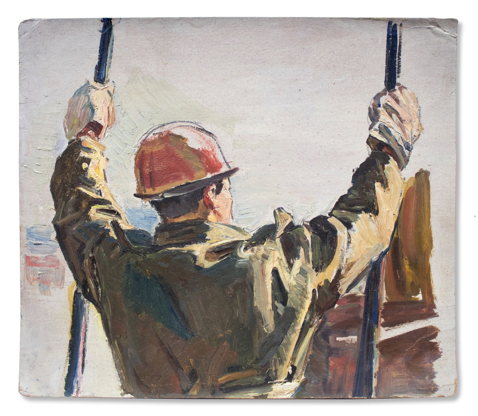 Unidentified artist, "Worker in a red helmet", oil on cardboard: ARTIST: Unidentified Artist TITLE: "Worker in a red helmet" SIZE: 30 x 34 cm, (11 3/4 x 13 2/4 in.) MEDIUM: oil on cardboard YEAR OF CREATION: not dated CONDITION: Good vintage condition, as is on the