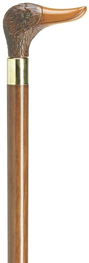 36" Brown Duck Head Walking Stick Cane: 36" Long 3/4" shaft Introducing our beloved reproduction duck head walking cane, originating from Italy. Crafted from robust cellulose acetate, this handle sits atop a 3/4" beechwood shaft with a waln