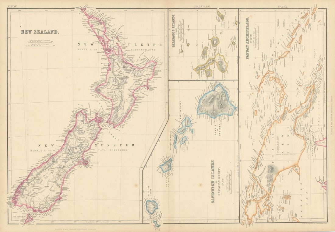 New Zealand Sandwich Galapagos Islands. Papuan Archipelago. Melanesia 1860 map (1 of 1)