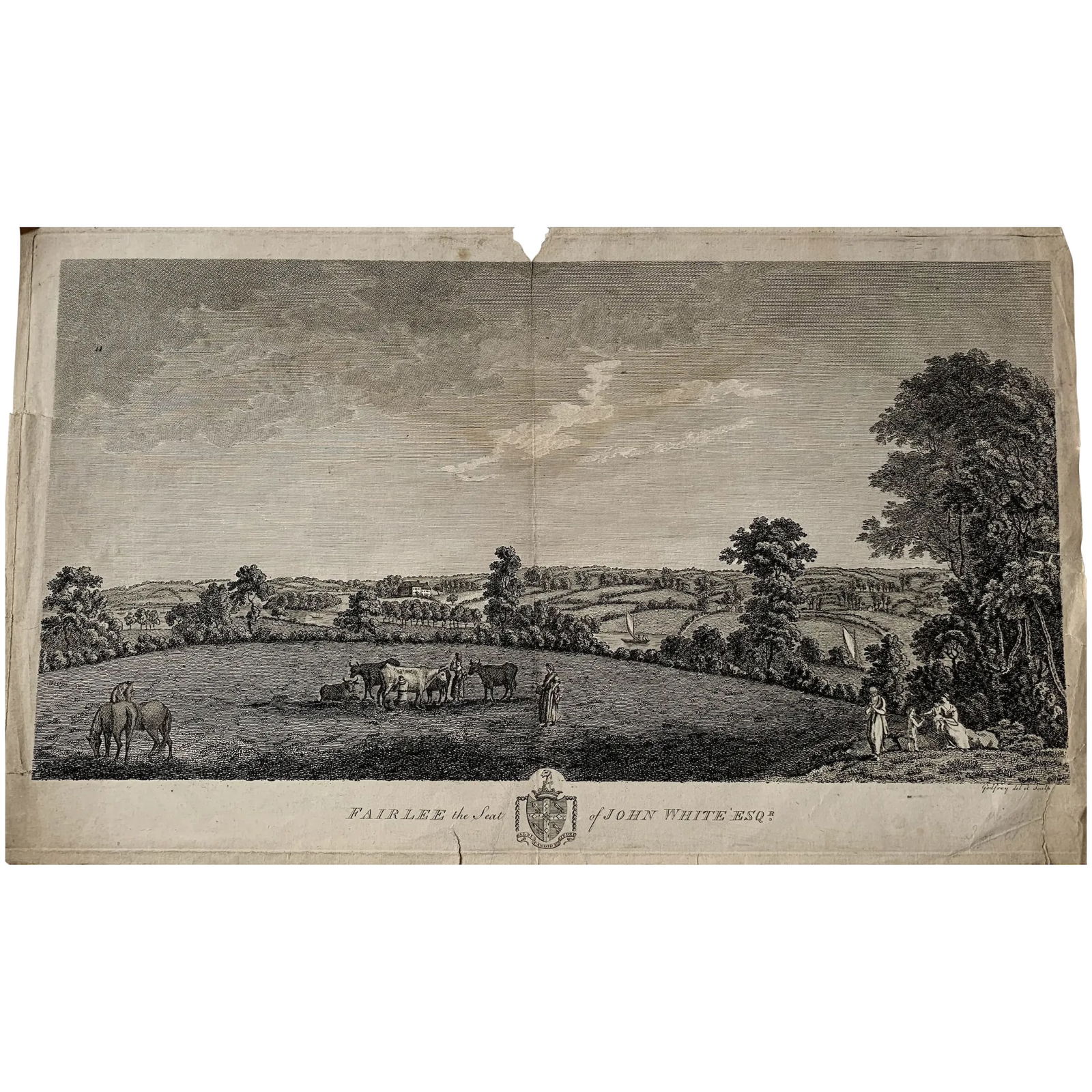 Fairlee House, the Seat of John White (Newport - Isle of Wight). Antique engraving by Godfrey, 18th: Title: Fairlee the Seat of John White Esq. Artist and engraver: Richard Bernard Godfrey, 1728-1795 (circa). Production date: 18th century. Media: antique steel engraving. Size: 42x 25,2 cms. Descripti