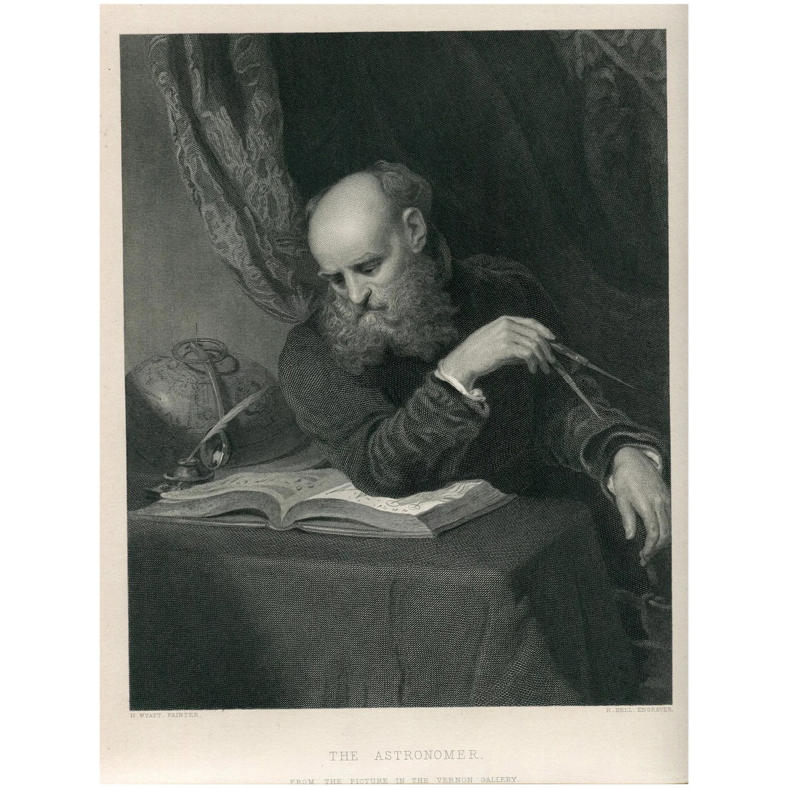 The Astronomer - Antique steel engraving old print - After H Wyatt: Title: the Astronomer. Artist: after Henry Wyatt (British, 1794 – 1840) Engraver: Robert Charles Bell (Scottish, 1806 – 1872). Description: antique steel engraving showing a bearded man wi