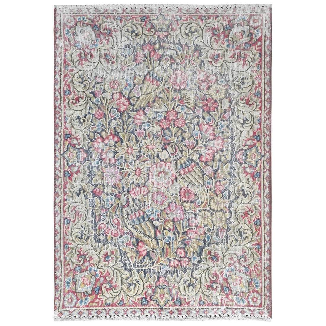 Colorful, Worn Wool Hand Knotted, Old Persian Kerman Mat Rug (1 of 7)