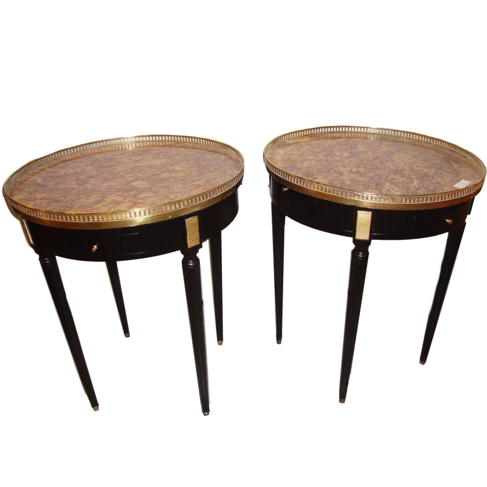 Maison Jansen, Louis XVI Style, Round Side Tables, Black Wood, Bronze, Marble (1 of 20)