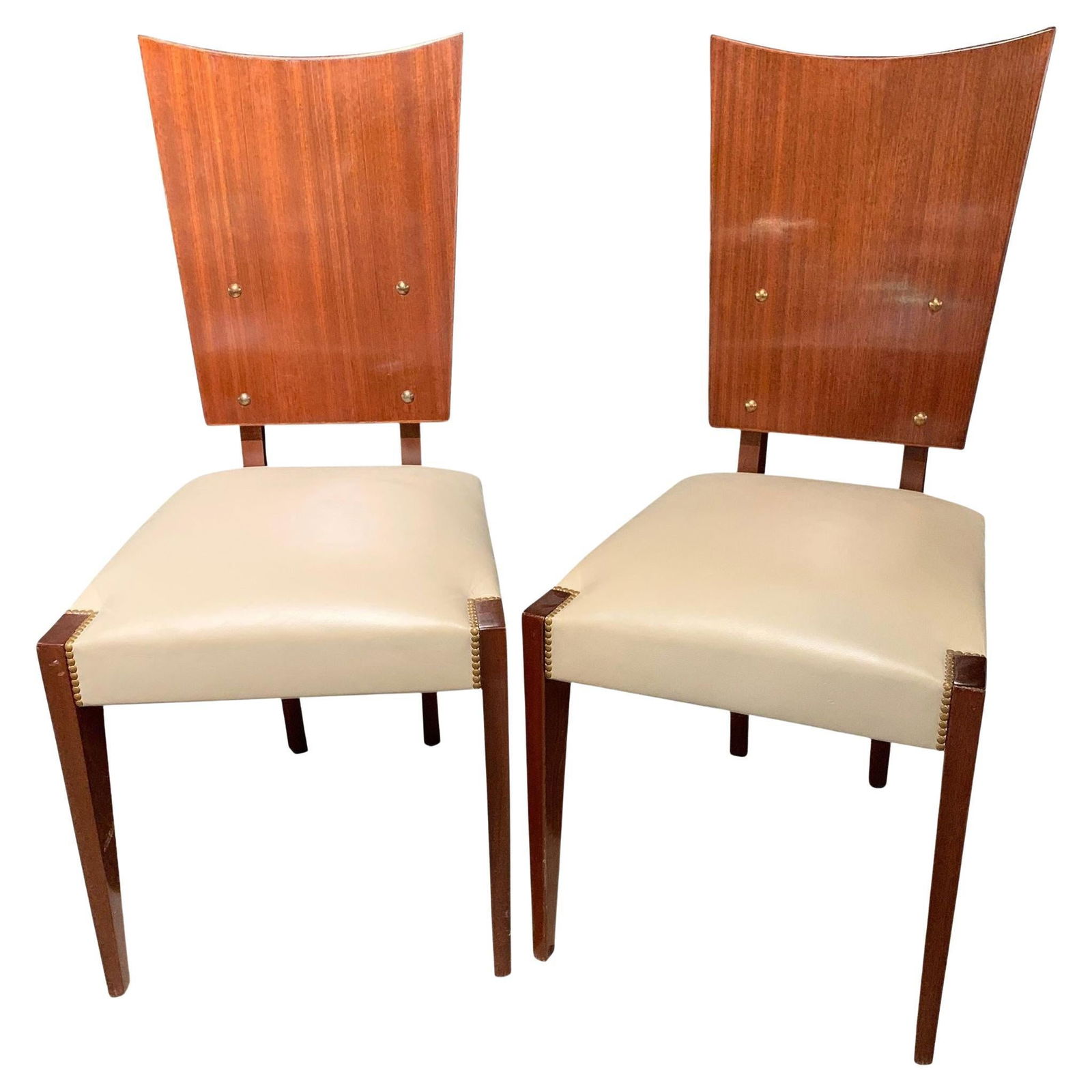 Set of Five French Andre Sornay Style Mid-Century Modern Dining / Side Chairs: About the Item Set of Five French Andre Sornay Style Mid-Century Modern Dining / Side Chairs Set of five Mid-Century Modern or Art Deco style shield back dining, office or side chairs. Each having a M