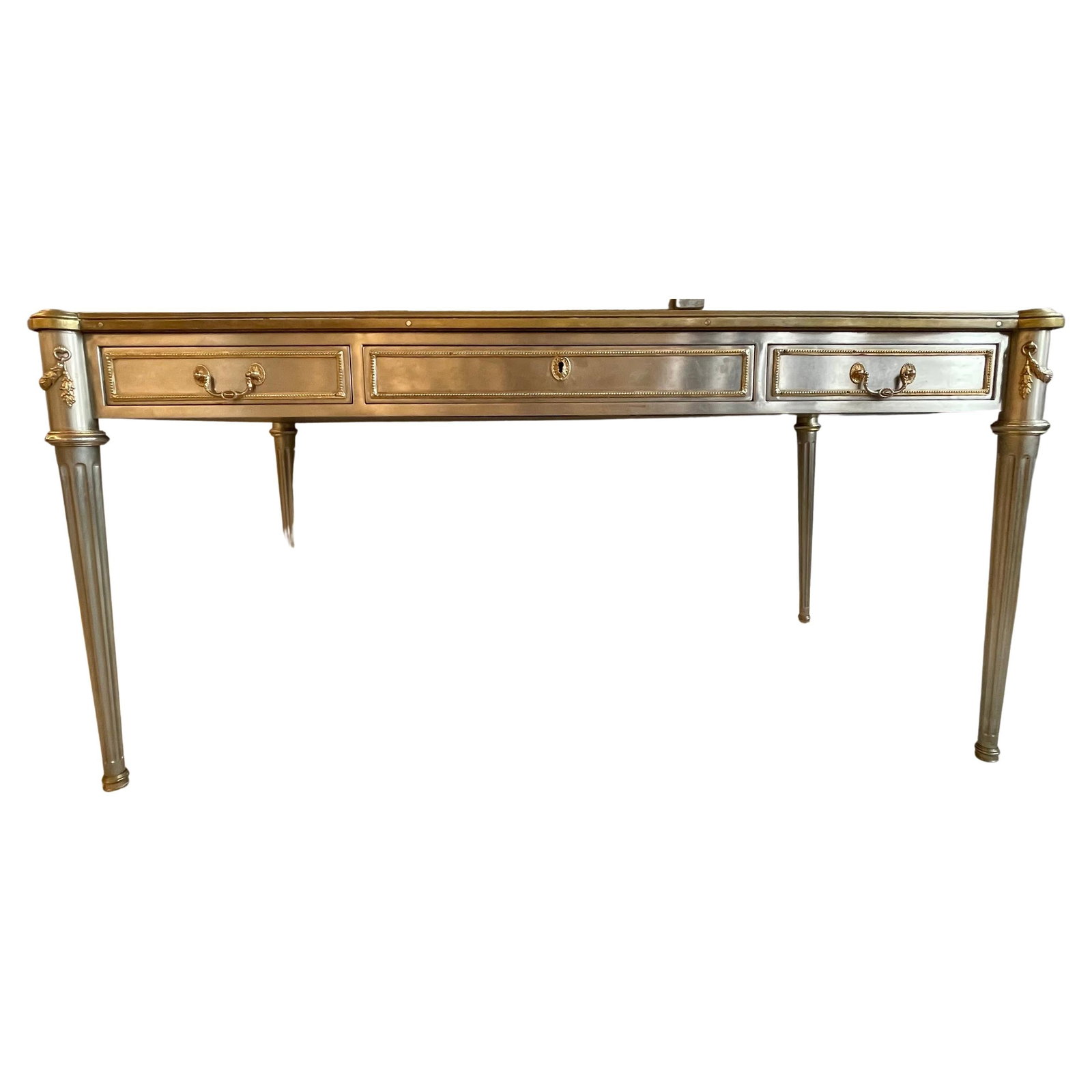 John Vesey Mid-Century Modern Desk or Bureau plat, Steel and Bronze: About the Item Mid-Century Modern bronze and steel writing desk, or bureau plat designed by John Vesey (American 1924-1992). Made in the grand neoclassical French Louis XVI taste featuring Steel const
