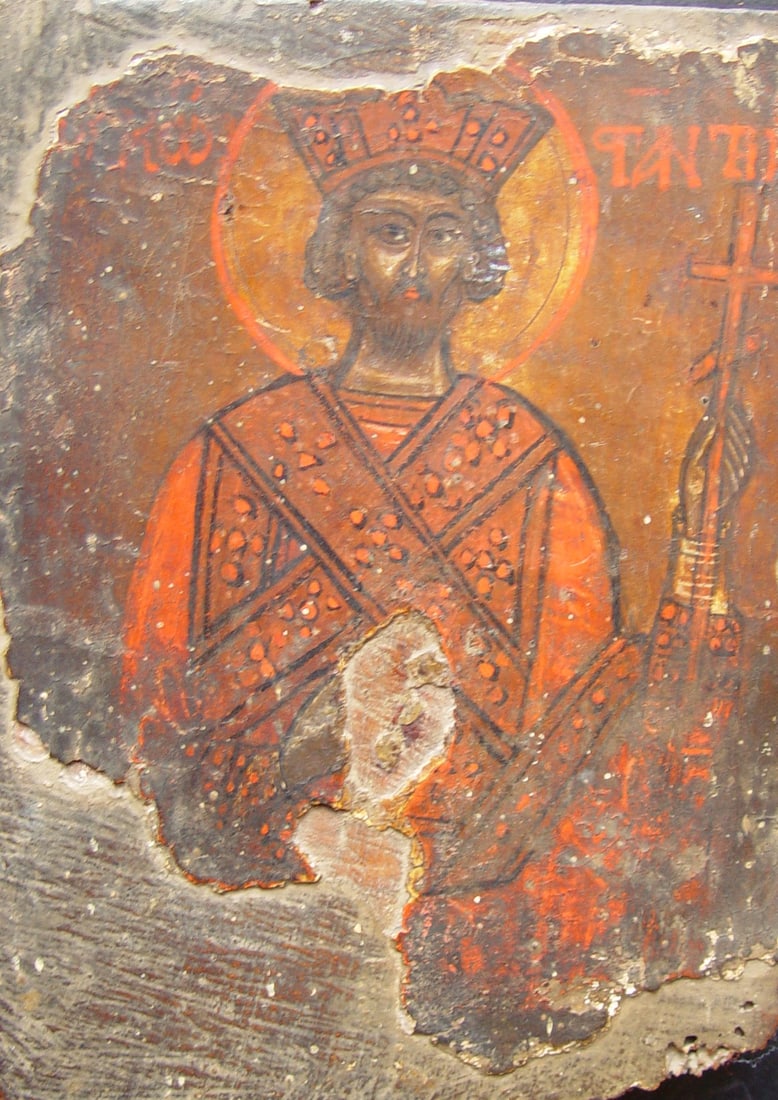 Konstantin: Greece, 16th century, tempera on wooden board, size 13.5 x 18 cm. This great and renowned sovereign of the Christians was the son of Constantius Chlorus (the ruler of the westernmost parts of the Roma